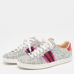 Gucci Silver Glitter and Leather Ace Sneakers Size 37.5