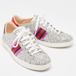 Gucci Silver Glitter and Leather Ace Sneakers Size 37.5