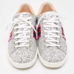 Gucci Silver Glitter and Leather Ace Sneakers Size 37.5
