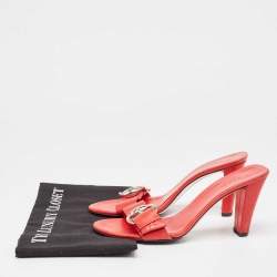 Pre Owned Gucci Red Monogram Leather Buckle Detail Slide Sandals Size 37.5