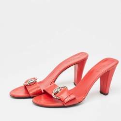 Pre Owned Gucci Red Monogram Leather Buckle Detail Slide Sandals Size 37.5