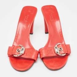 Pre Owned Gucci Red Monogram Leather Buckle Detail Slide Sandals Size 37.5