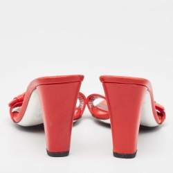 Pre Owned Gucci Red Monogram Leather Buckle Detail Slide Sandals Size 37.5