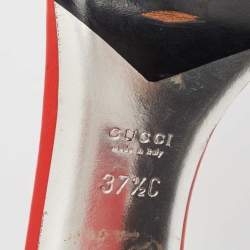 Pre Owned Gucci Red Monogram Leather Buckle Detail Slide Sandals Size 37.5