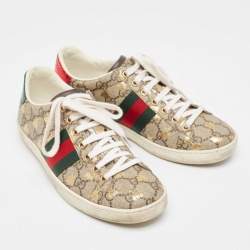 Pre Owned Gucci Brown GG Supreme Canvas Bee Ace Sneakers Size 36