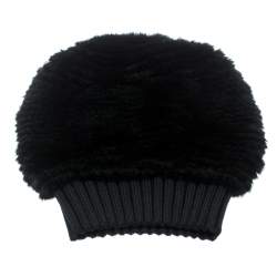 Pre Owned Gucci Black Wool Ribbed Trim Orylag Fur Beanie