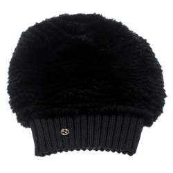 Pre Owned Gucci Black Wool Ribbed Trim Orylag Fur Beanie
