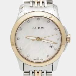 Pre Owned Gucci Mother of Pearl Two-Tone Stainless Steel Diamonds G-Timeless YA126514 Women's Wristwatch 27 mm