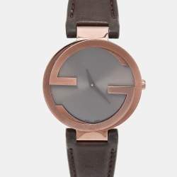 Gucci Slate Brown PVD Stainless Steel Leather Interlocking G YA133309 Women's Wristwatch 37 mm