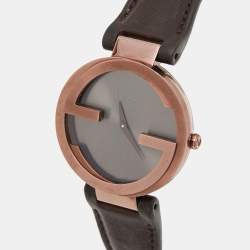 Gucci Slate Brown PVD Stainless Steel Leather Interlocking G YA133309 Women's Wristwatch 37 mm
