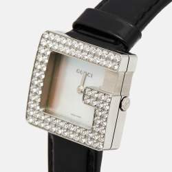 Gucci Mother Pearl Diamond Stainless Steel Leather 3600J Women's Wristwatch 26 mm
