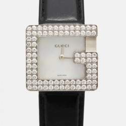 Gucci Mother Pearl Diamond Stainless Steel Leather 3600J Women's Wristwatch 26 mm