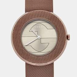 Pre Owned Gucci Silver Grey Dial Bronze Tone Stainless Steel U-Play YA129445 Women's Wristwatch 35 mm
