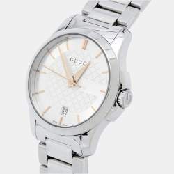 Pre Owned Gucci Silver White Stainless Steel G-Timeless 126.5 Women's Wristwatch 27 mm