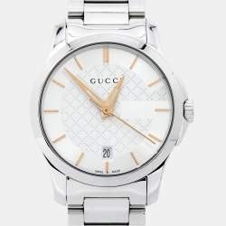 Pre Owned Gucci Silver White Stainless Steel G-Timeless 126.5 Women's Wristwatch 27 mm