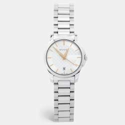 Pre Owned Gucci Silver White Stainless Steel G-Timeless 126.5 Women's Wristwatch 27 mm
