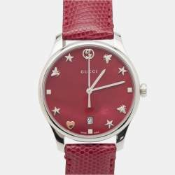 Gucci Red Mother Of Pearl Stainless Steel Lizard Skin Leather G-Timeless 126.4 Women's Wristwatch 36 mm