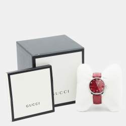 Gucci Red Mother Of Pearl Stainless Steel Lizard Skin Leather G-Timeless 126.4 Women's Wristwatch 36 mm