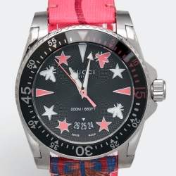 Gucci Black Stainless Steel Floral Print Calfskin Leather Dive YA136326 Women's Wristwatch 40 mm