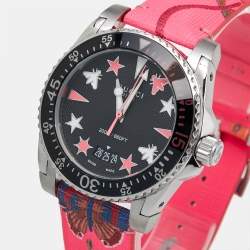 Gucci Black Stainless Steel Floral Print Calfskin Leather Dive YA136326 Women's Wristwatch 40 mm