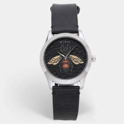 Gucci Black Stainless Steel G-Timeless 17237419 Leather Strap Women's Wristwatch 38 mm