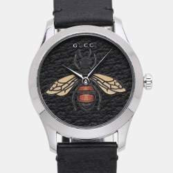 Gucci Black Stainless Steel G-Timeless 17237419 Leather Strap Women's Wristwatch 38 mm