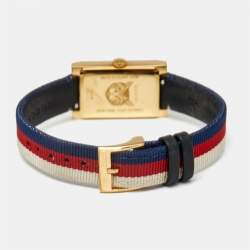 Gucci White Mother Of Pearl Striped Gold Tone Stainless Steel Canvas G-Frame 147.4 Women's Wristwatch 21 mm