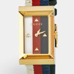 Gucci White Mother Of Pearl Striped Gold Tone Stainless Steel Canvas G-Frame 147.4 Women's Wristwatch 21 mm