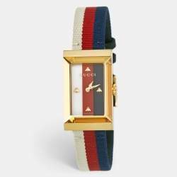 Gucci White Mother Of Pearl Striped Gold Tone Stainless Steel Canvas G-Frame 147.4 Women's Wristwatch 21 mm