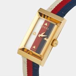 Gucci White Mother Of Pearl Striped Gold Tone Stainless Steel Canvas G-Frame 147.4 Women's Wristwatch 21 mm