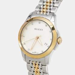 Pre Owned Gucci Mother of Pearl Two-Tone Stainless Steel Diamonds G-Timeless YA126513 Women's Wristwatch 27 mm