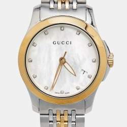 Pre Owned Gucci Mother of Pearl Two-Tone Stainless Steel Diamonds G-Timeless YA126513 Women's Wristwatch 27 mm