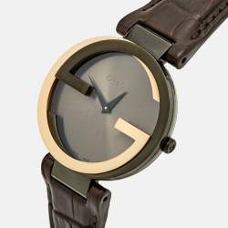 Pre Owned Gucci Brown Two-Tone Stainless Steel Leather Interlocking G YA133304 Women's Wristwatch 36 mm
