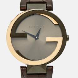 Pre Owned Gucci Brown Two-Tone Stainless Steel Leather Interlocking G YA133304 Women's Wristwatch 36 mm