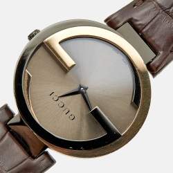 Pre Owned Gucci Brown Two-Tone Stainless Steel Leather Interlocking G YA133304 Women's Wristwatch 36 mm