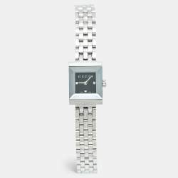 Pre Owned Gucci G-Frame YA128507 Black Dial Stainless Steel Diamond Women's Wristwatch 14 mm