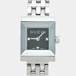 Pre Owned Gucci G-Frame YA128507 Black Dial Stainless Steel Diamond Women's Wristwatch 14 mm