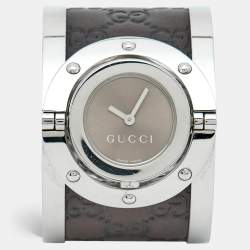 Pre Owned Gucci Twirl YA112433 Bronze Dial Stainless Steel Leather Women's Wristwatch 23 mm