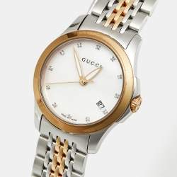 Pre Owned Gucci G-Timeless YA126513 Mother Of Pearl Dial Diamond Two Tone Stainless Steel Diamond Women's Wristwatch 27 mm