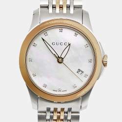 Pre Owned Gucci G-Timeless YA126513 Mother Of Pearl Dial Diamond Two Tone Stainless Steel Diamond Women's Wristwatch 27 mm