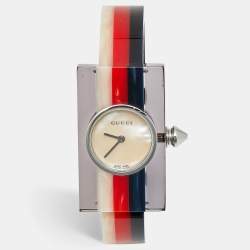 Pre Owned Gucci Web 143.5 Mother Of Pearl Dial Acetate Stainless Steel Women's Wristwatch 24 mm