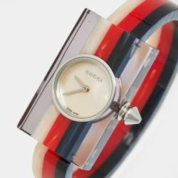 Pre Owned Gucci Web 143.5 Mother Of Pearl Dial Acetate Stainless Steel Women's Wristwatch 24 mm