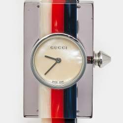 Pre Owned Gucci Web 143.5 Mother Of Pearl Dial Acetate Stainless Steel Women's Wristwatch 24 mm