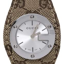 Pre Owned Gucci Silver Stainless Steel Canvas G-Bandeau 104 Women's Wristwatch 31 mm