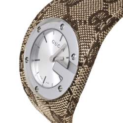 Pre Owned Gucci Silver Stainless Steel Canvas G-Bandeau 104 Women's Wristwatch 31 mm