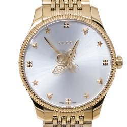 Pre Owned Gucci Silver Sunburst Yellow Gold PVD Coated Stainless Steel G-Timeless 126.4 Women's Wristwatch 38 mm