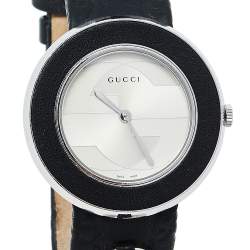 Gucci Silver Stainless Steel Leather U-Play 129.4 Women's Wristwatch 35 mm