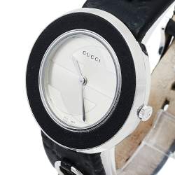 Gucci Silver Stainless Steel Leather U-Play 129.4 Women's Wristwatch 35 mm