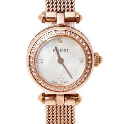 Pre Owned Gucci Mother Of Pearl Rose Gold Tone Stainless Steel Diamond Diamantissima YA141562 Women's Wristwatch 22 mm