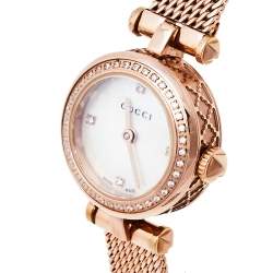 Pre Owned Gucci Mother Of Pearl Rose Gold Tone Stainless Steel Diamond Diamantissima YA141562 Women's Wristwatch 22 mm